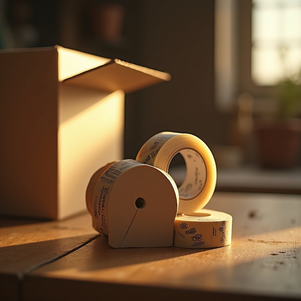 Roll of kraft paper tape with a printed brand pattern sitting in a tape dispenser on a workbench