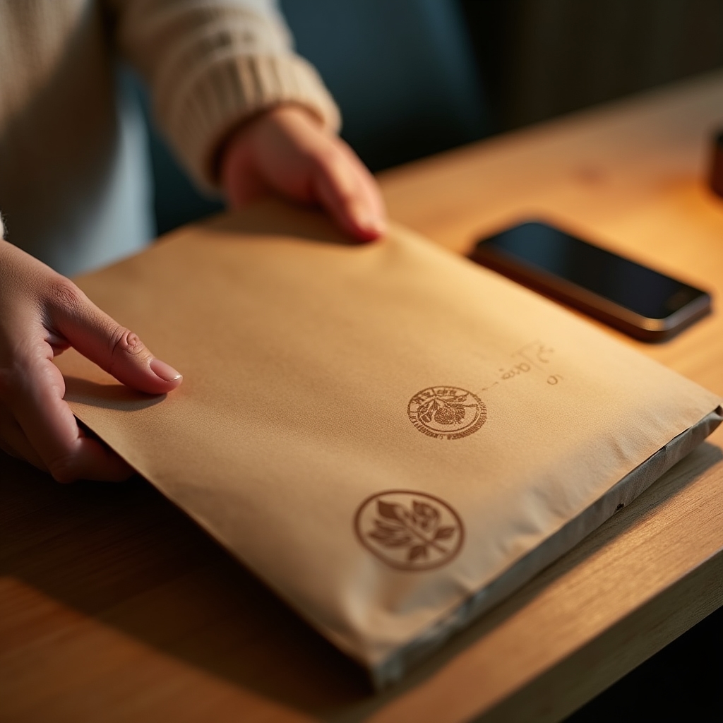 Close-up of a compostable mailer surface showing kraft-brown texture and a certification stamp