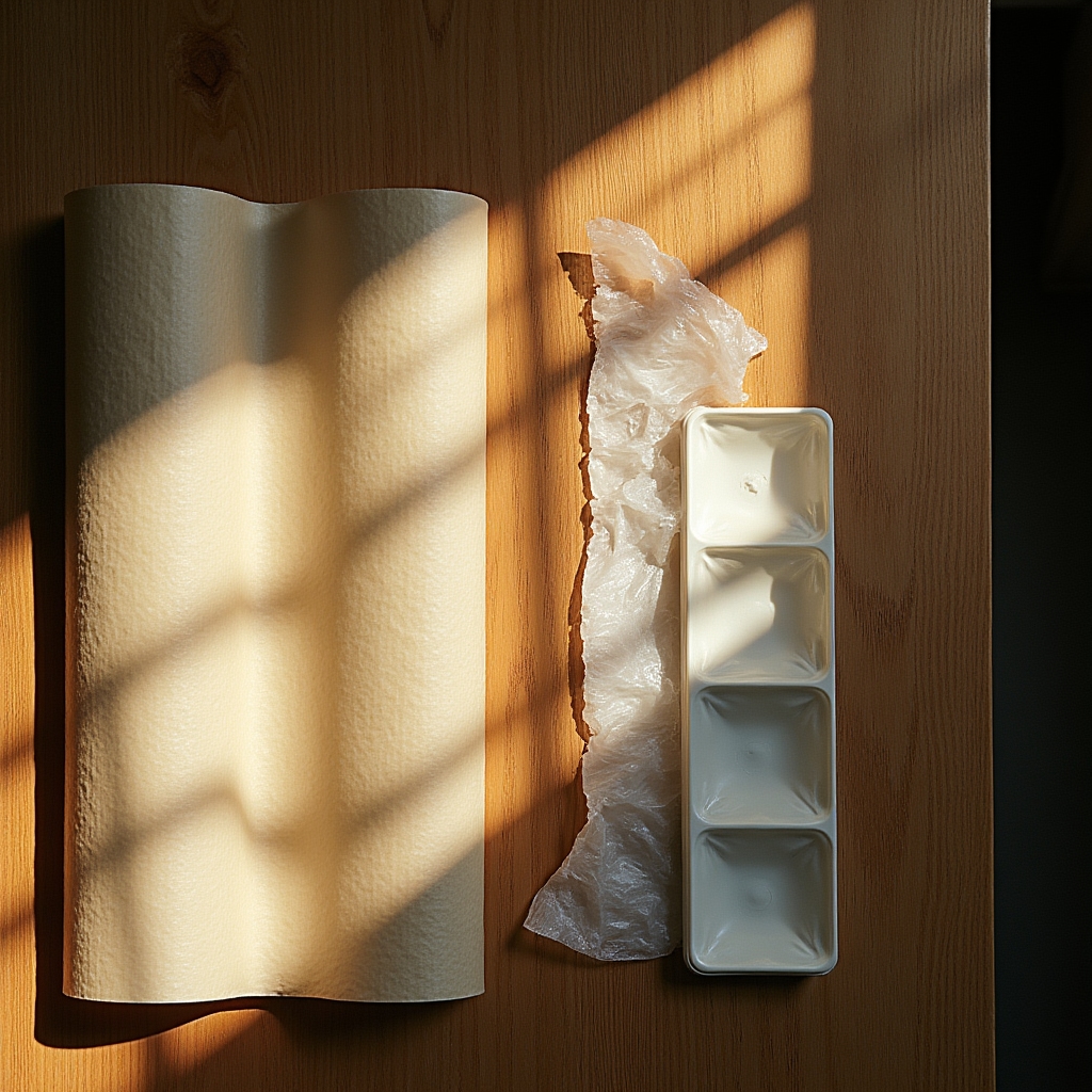 Flat lay comparing paper honeycomb wrap, bubble wrap and a molded pulp tray sample on a desk
