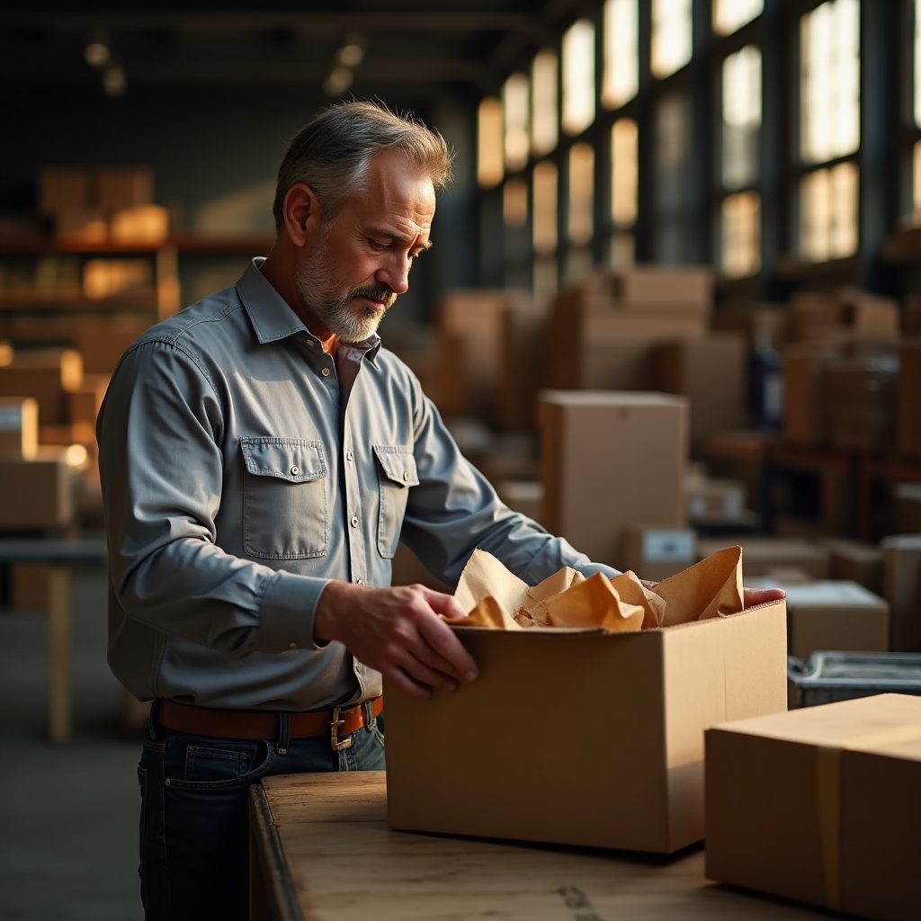 A warehouse worker packing a box with crumpled kraft paper void fill under warm window light