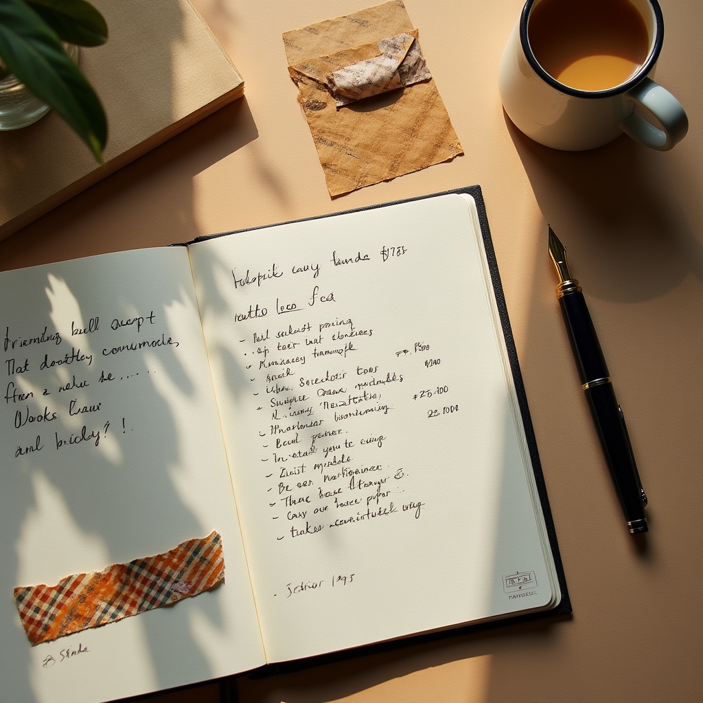 Overhead flat lay of a notebook with handwritten pricing notes surrounded by packaging material samples