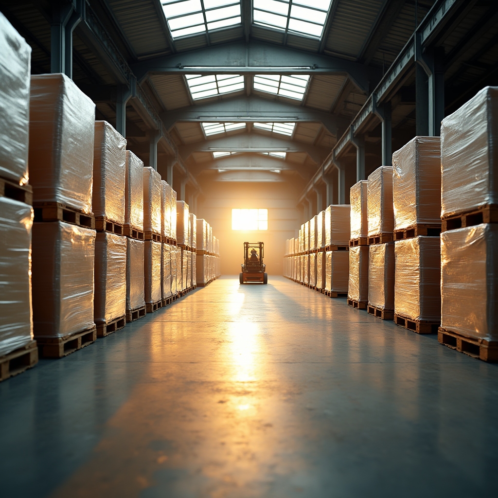 Warehouse pallets stacked with bundles of compostable mailers ready for freight, forklift silhouette in the background
