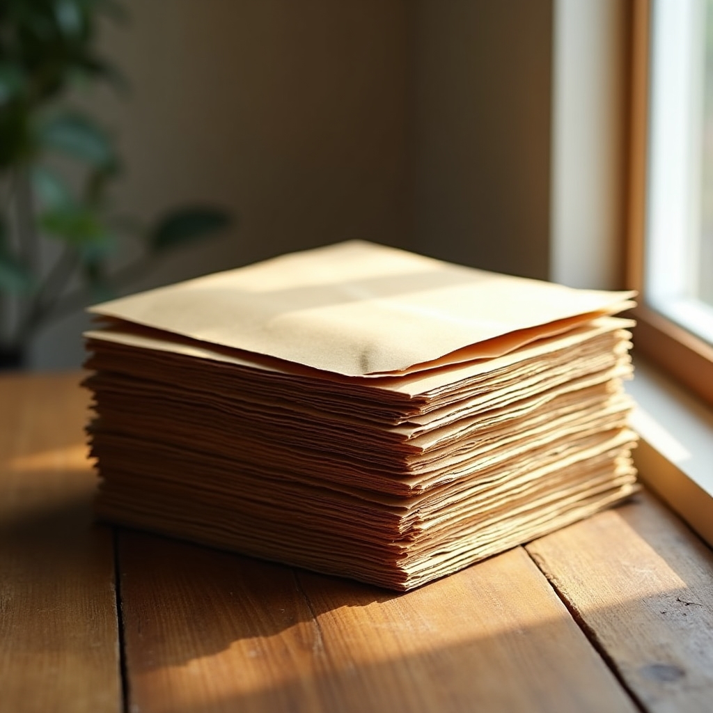 A neat stack of unbranded kraft paper mailer envelopes on a wooden table