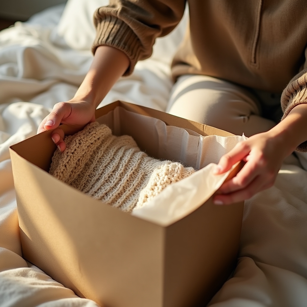 A folded garment being lifted out of a paper mailer bag on a bed with soft tissue paper visible