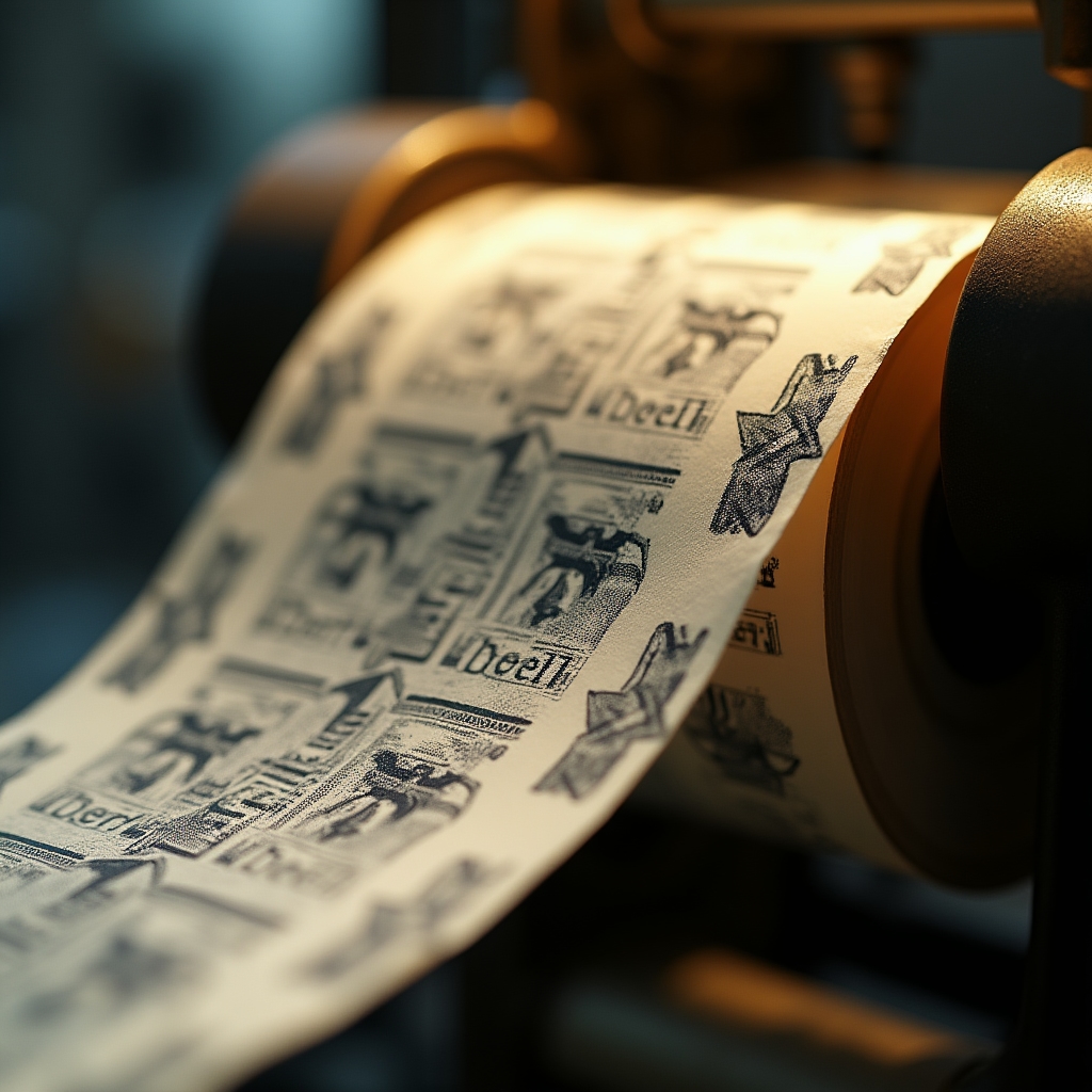 Extreme close-up of a paper tape roll edge showing a repeating printed brand motif on an industrial tape gun