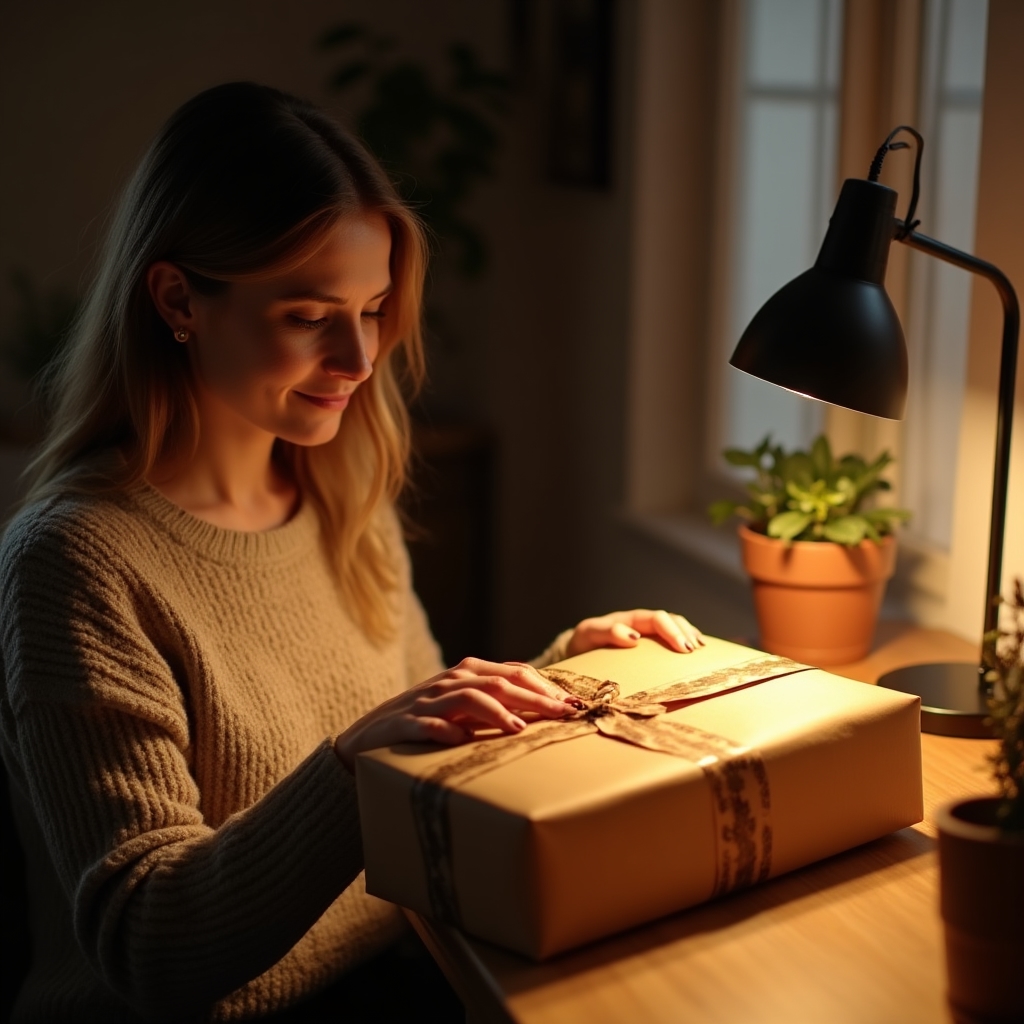 A woman unwraps a parcel wrapped in a kraft paper mailer sealed with paper tape at a home desk